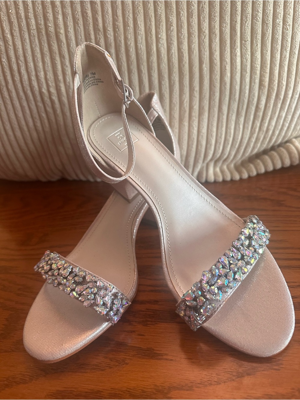 Embellished Blush Ankle-Strap Block Heel Sandals